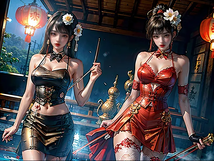 (tmasterpiece:1.2),(真实感:1.5),2  girls,Red and yellow lace skirt， Raised sexy，violin in hand，Duo,silk dress,satin,a skirt,hot onsen,rays of moonlight,