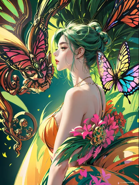 Butterfly motif、Green and red tones、Vibrant colors、((​masterpiece)))、(((top-quality)))、((ultra-detailliert))、(A hyper-realistic)、(highly detailed CGillustration）、Official art、Brussels at the beginning of the 20th century、Decadent、Madame Papillon、Cool Beaut...