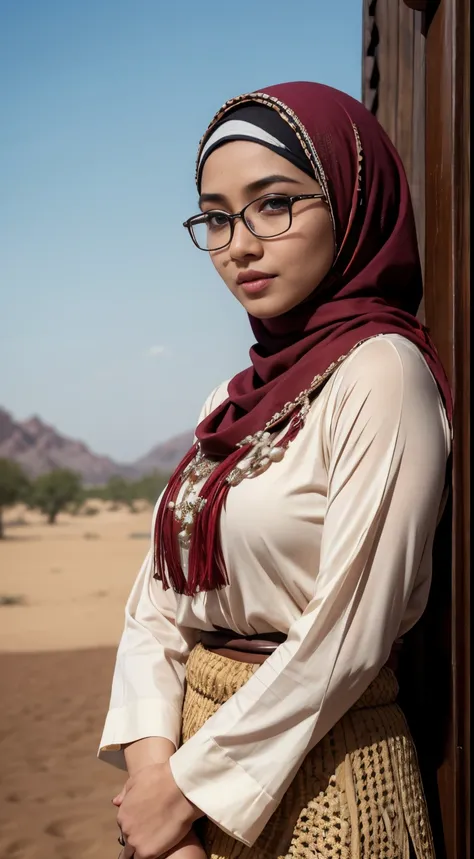 cowboy_shot,(iu:0.8),cleavage, RAW, Best quality, high resolution, Masterpiece: 1.3, Beautiful glasses pearl_skinned sexy hijabi javanese wearing tribal, Masterpiece, Soft smile