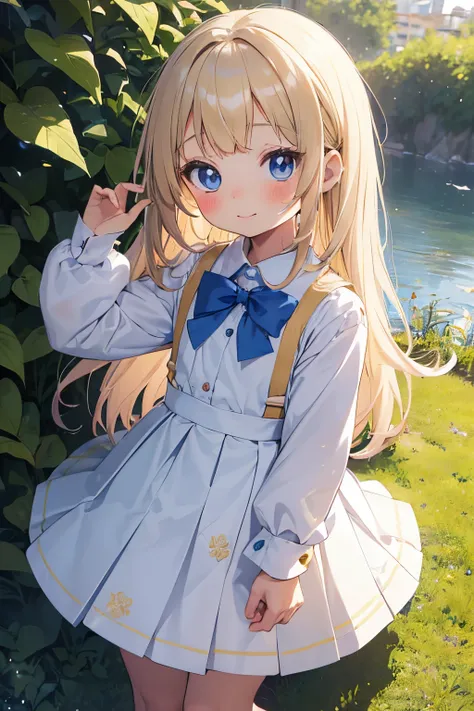 masterpiece best quality extremely detailed anime ((((little female child)))) ((loli)) ((toddler)) ((preschooler)) two side up long blonde hair white blouse blue suspender skirt school uniform long sleeves long pleated skirt ((long)) skirt blue eyes blue s...