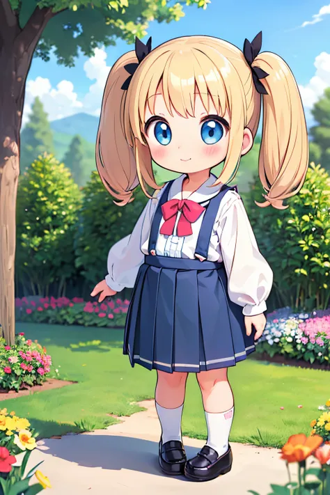 masterpiece best quality extremely detailed anime ((((little female child)))) ((loli)) ((toddler)) ((preschooler)) two side up long blonde hair white blouse blue suspender skirt school uniform long sleeves long pleated skirt ((long)) skirt blue eyes blue s...