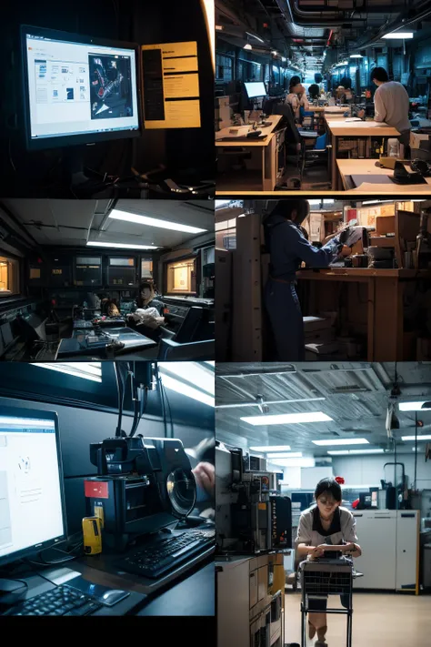 A high resolution, Focus sharp, Pixiv masterpiece, ((Complicated details)), The is very detailed, Scene of 4 people working in the machine room，Technological atmosphere，plethora of colors，Realism，Close-up character action portrayal，HD 4K quality