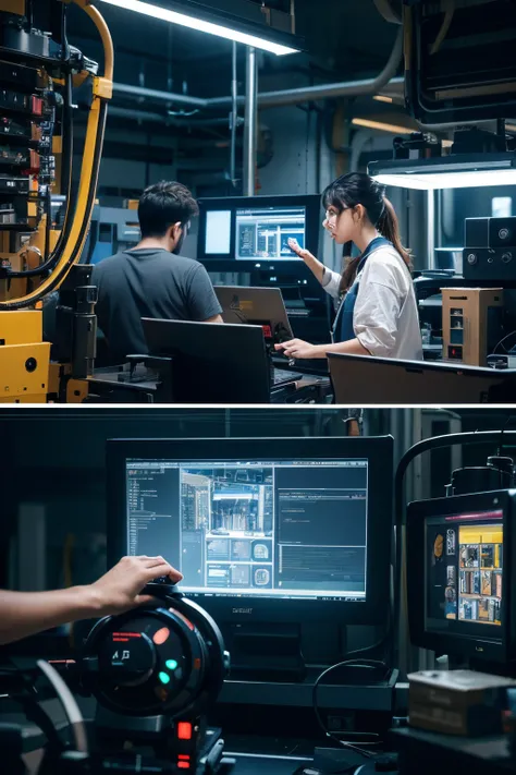 A high resolution, Focus sharp, , Scene of 4 people working in the machine room，Technological atmosphere，plethora of colors，Realism，Close-up character action portrayal，HD 4K quality