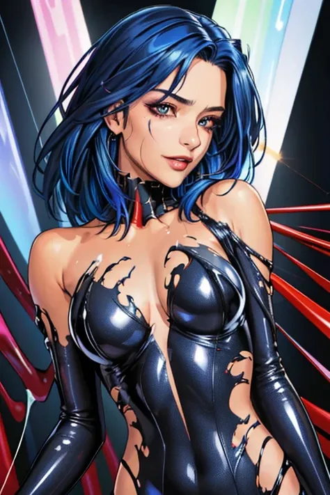 (best quality, masterpiece, colorful, dynamic angle, highest detailed) upper body photo, fashion photography of cute, dark blue hair with black highlights, torn spiderman suit,(ultrahigh resolution textures), in dynamic pose, bokeh, glowing web, (intricate...