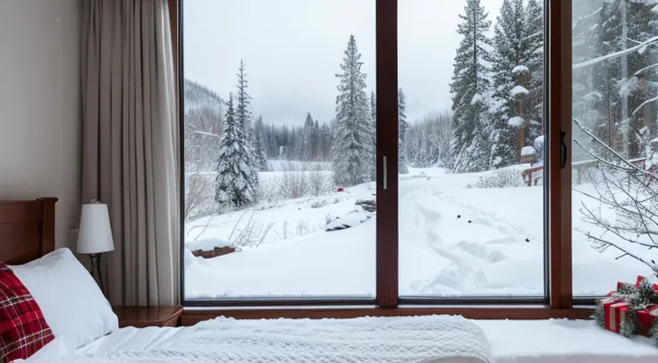 Nordic style bedroom，Snow outside the window，Christmas atmosphere，festive decoration