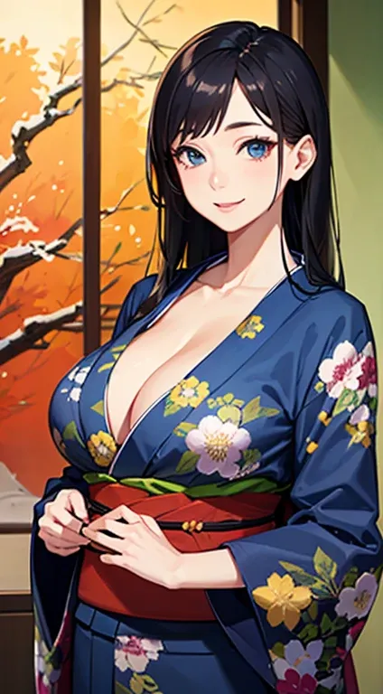 Adult woman, long black hair, blue eyes, open kimono, detailed kimono, pelvic curtain, body jewelry, open breasts, big breasts, smile, masterpiece, high quality