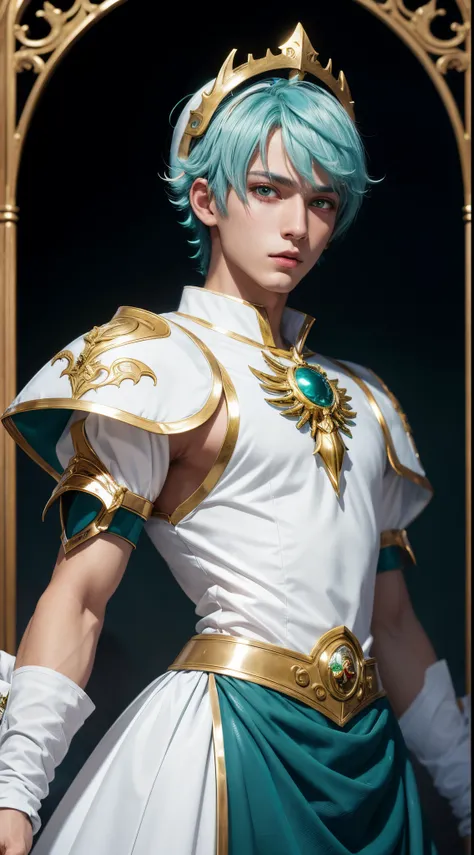 (absurdres, highres, ultra detailed, HDR), masterpiece, best quality, "magic knight rayearth" Character handsome boy in white outfit short hair wearing detailed headgear aqua hair