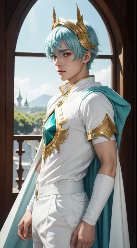 (absurdres, highres, ultra detailed, HDR), masterpiece, best quality, "magic knight rayearth" Character handsome boy in white outfit short hair wearing detailed headgear aqua hair