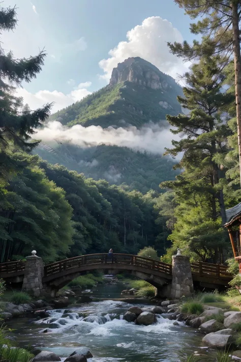 tall mountain peaks：Describe several steep hills、vigorous mountain peaks，The top of the mountain is covered with mist and snow。
Flowing waterfall：There is a silvery white waterfall in the mountains，Water flows down from high places，form water mist。
quaint ...