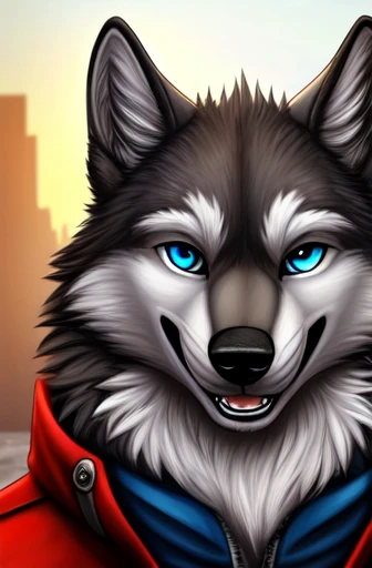 A picture of an anthropomorphic gray wolf with blue eyes who is looking at the viewer with a happy expression, wolf, anthro, male, full-body portrait