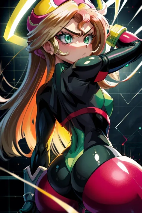 masterpiece,best quality,1girl,roll_exe_megamanbn,(helmet),blonde hair,long hair,leotard,green eyes,pink bodysuit,bodysuit,serious,action pose,glowing circuit background,