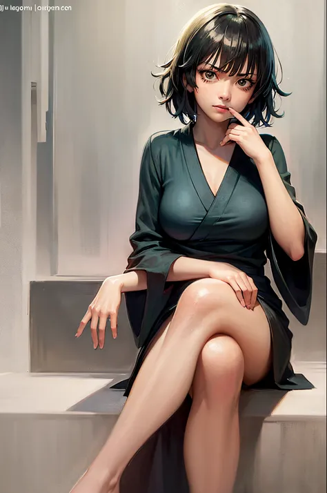 (masterpiece, best quality:1.2), solo, 1girl, fubuki, unamused, closed mouth, looking at viewer, hand on own face, sitting, crossed legs,black short kimono