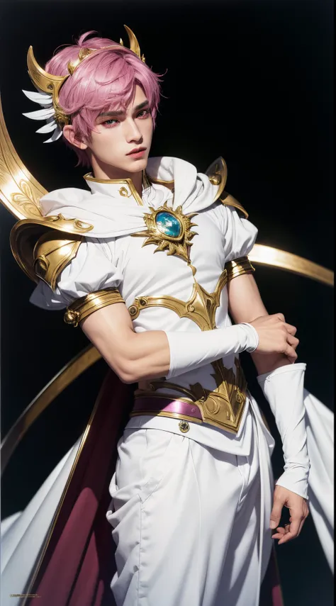 (absurdres, highres, ultra detailed, HDR), masterpiece, best quality, "magic knight rayearth" Character handsome boy in white outfit short hair wearing detailed headgear magenta hair