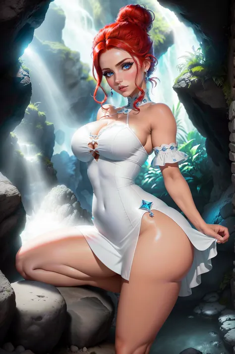 ((Wilma Picapiedra de la serie Los Picapiedra)) (Cara hermosa)(Grandes ojos azules brillantes)(labios rojos) ((long red hair with high bun))) ((pechos muy grandes desnudos) (Cuerpo delgado perfecto) (Lleva un vestido blanco corto abierto en la entrepierna)...