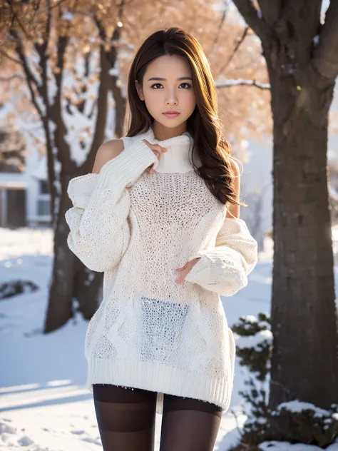 (Raw photo) Winters，Snowy landscape，Teenage (Orange shoulder sweater)，medium breasts, Long hair, lacepantyhose, White underwear, random color，Long sweater，depth of fields，Real Light，Ray traching，OC Renderer，UE5 Renderer，Hyper-realistic，best qualtiy，8K，Work...