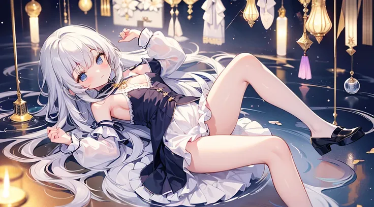 (tmasterpiece)、(top-quality)、(ultra - detailed)、(独奏)、Beautiful girl of 14 years old、small、mediuml breasts，Shoulders bare、Emphasize cleavage、Thighs exposed、Long white hair，White super short lolita，bare-legged，Look at the camera shyly，Holding urine，Pee came ...