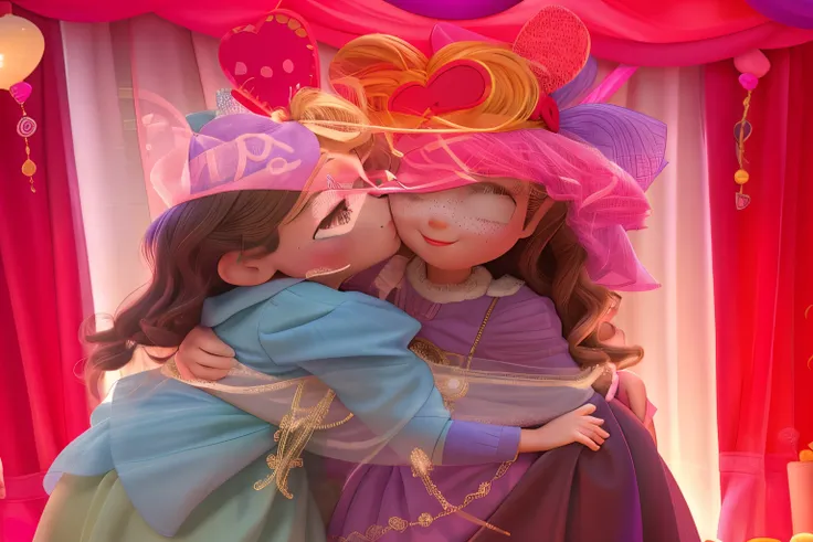 Disney pixar, Mother and daughter hugging and kissing, purple and pink theme, cute smile, birthday celebration