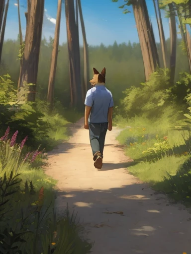 fox in casual clothing walking through a forest,