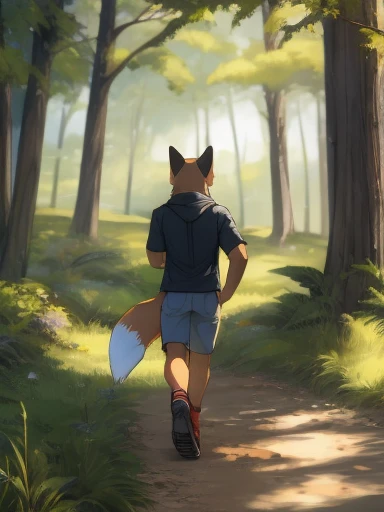 fox in casual clothing walking through a forest,