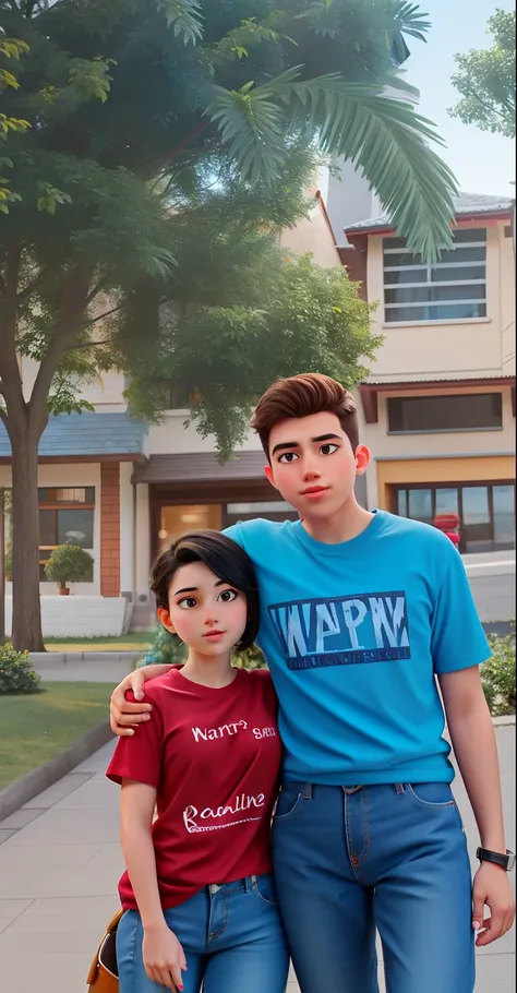 The boy was wearing a blue t-shirt and black jeans and the girl was wearing a red t-shirt and blue jeans,the boy put his hand on the girl shoulder cute couples