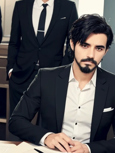 Boring Guy, facial hair, mess, short messy hair, ((black hair)), suits