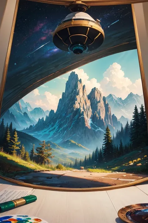 ((Best Quality, 8k, Masterpiece)), (painting), A majestic alien landscape with forests and mountains, in the sky are the planets rings, a pair of sci-fi colonists survey the landscape next to a landed escape pod