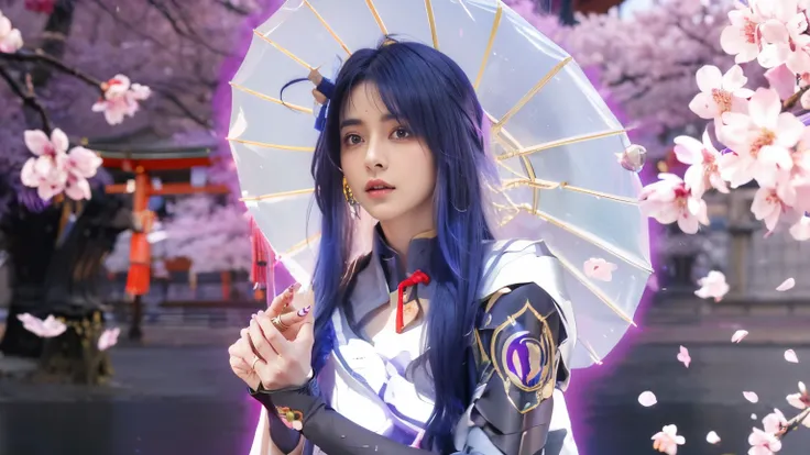 ((Raiden Shogun_Genshin impact)),((realistic, photorealistic)),(highlight hair)), Light reflection, (( HD )), navel, detached sleeves,((upper body)), (((best quality, masterpiece))), arafed image of a woman with blue hair holding a crystal ball, Raiden Sho...