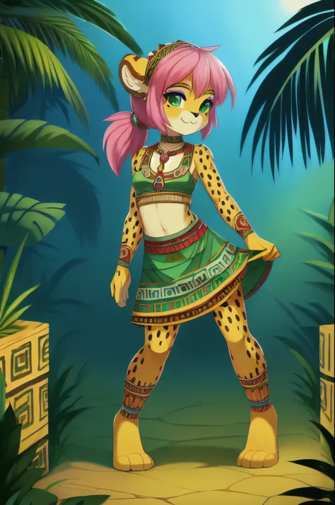 Furry girl, young, cheetah, pink hair, spiky hairstyle, short spiky ponytail, Green eyes, two tone body fur, yellow body fur, clear yellow body fur, small breasts, feets whit three toes, full body, :3, detailed body fur, detailed eyes, detailed face, glist...