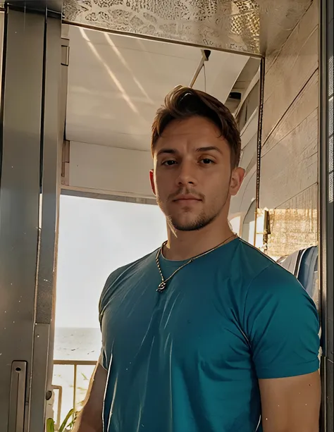 there&#39;s a man standing in a doorway with a backpack, tshirt azul apertada, vestindo camisa apertada, meio tiro de um hunky, vestindo uma camiseta muscular, camisa apertada, Foto de perfil, macho atraente, usando uma camiseta regata de corte baixo, Jove...