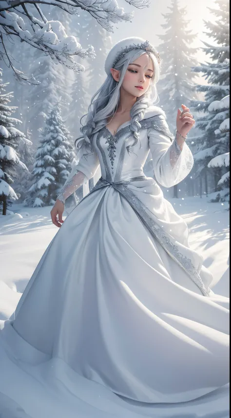 (tmasterpiece，8K,Best quality,A high resolution,ultra - detailed,ultra-realistic realism),The white,A world covered in silver, branches covered with snow, cold winter touch, Snowflakes dance like elves, Turn the world into a silver fairy tale, Cold, Peacef...