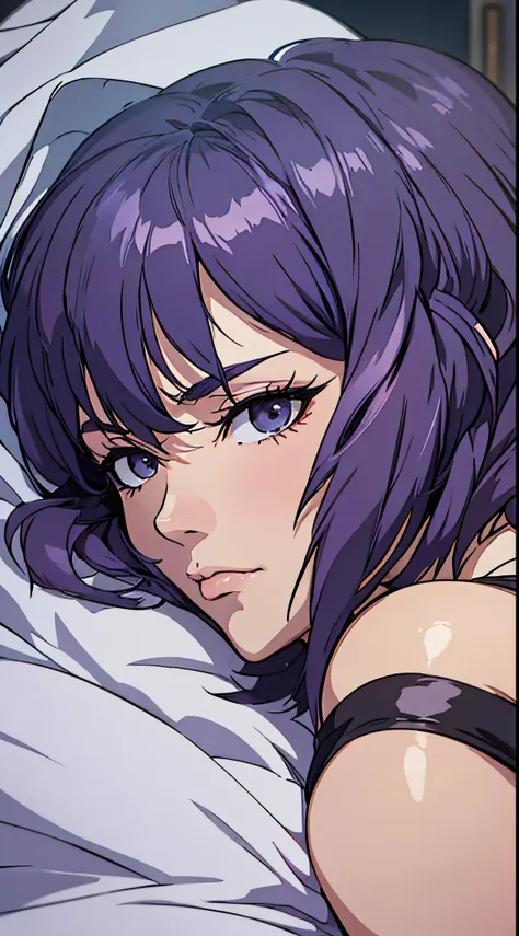 close-up of motoko kusanagi lying on the bed covered with blanket, anime《fantasma na concha》curly, ghost in the shell movie scen...