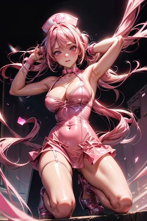 anime girl in shiny pink latex tube dress posing for camera, showing lots of skin, seductive anime girl, beautiful woman, excited and blushing, detailed face, (nurse hat), long pink hair, looking down at camera, 8k, very detailed, (visible string thong), c...