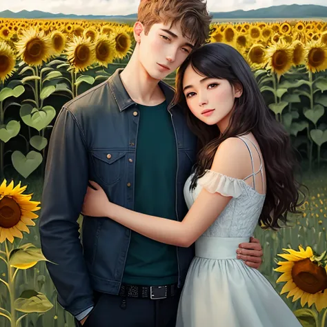 Couple in the sunflower field girl leaning on guy chest