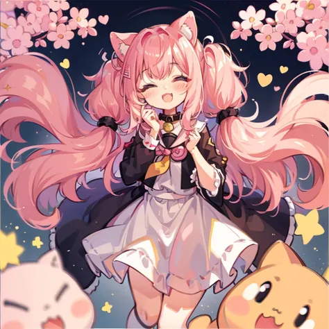 1girl, (light pink hair), Wavy Hair hair, long hair, low twintail, two side up hair, curly hair, animal ears, blurry, blurry background, blurry foreground, blush, cat ears, cat tail, chromatic aberration, depth of field, fang, fur trim, beautiful black eye...