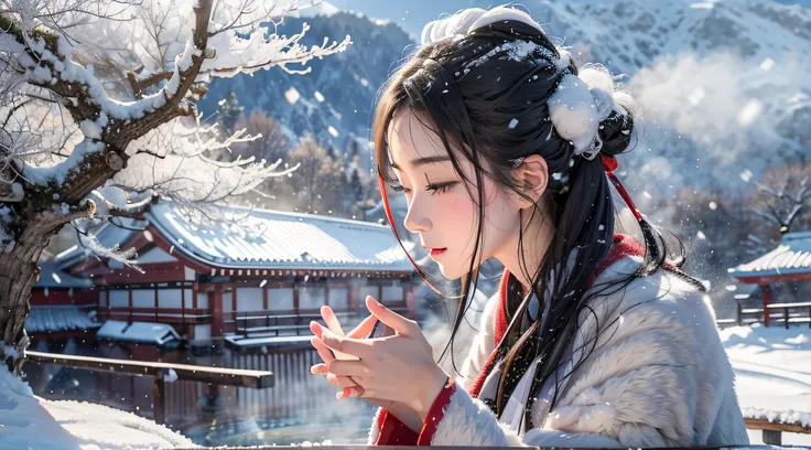 Enjoying Yukimi Sake at a hot spring、hot sake、Close-up of the snowy field outside the hot spring seen from behind a black-haired beauty、Spectacular view of hot spring steam and light snow falling、masutepiece、best composition、Photorealsitic、A hyper-realisti...