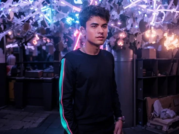 Change background in city with high building in night with some neon light with my realistic face  boy 8k ultra realistic ultra hd ultra detailed