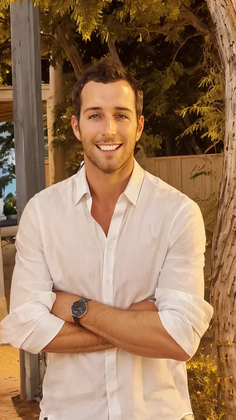 arafed man in white shirt standing in front of a tree, ryan dening, night setting, profile portrait, casey cooke, professional p...