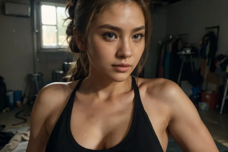 beautiful korean with blonde hair using black tank top , detail face, she have a very bright eyes, realistic face, detail face, realistic skin, skin pore, vibrant, dramatic lighting, 8k resolution picture, high detail on the photo, very realistic picture, ...