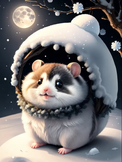 Draw a cute black and silver hamster, ssmile, Happy, Smiling, ice scenery,  Chibi hamster sitting under old tree with snow, Moonlight found hamster, Snowflakes buzz around the hamster