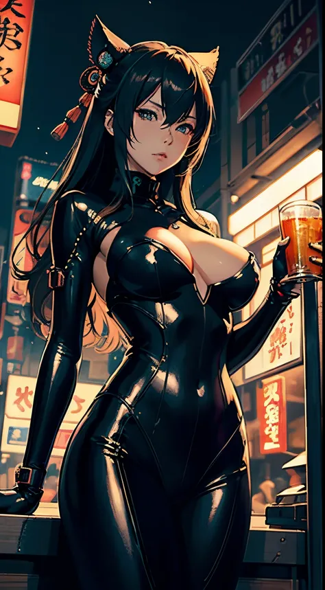 Masamune Shirow, Naoyuki Katoh, Surreal, mysterious, strange, fantastical, fantasy, Sci-fi, Japanese anime, Tokyo night, beautiful lady in a mechanical body suit having a drink at a yakitori stall, perfect voluminous body, retro future, hustle and bustle i...