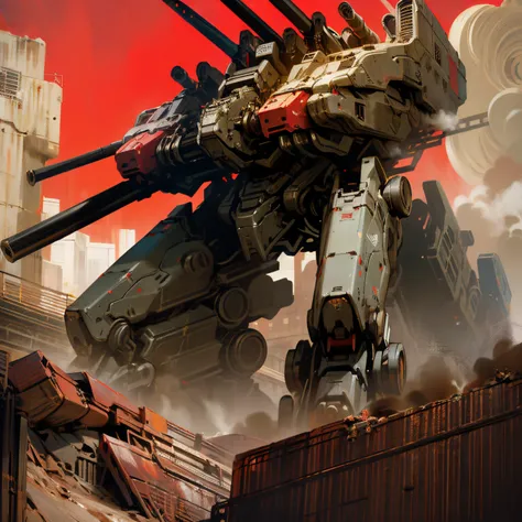 War machine, big side artillery, large rail guns, foreboding, giant, amongst city remnants, desert scape, lots of red eyes, white red color scheme, mechanical wonder, combat, firing large side-mounted cannons, four big legs,