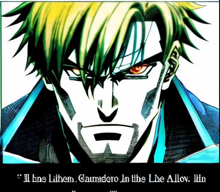 a cartoon of a man with a sad face and a speech bubble above his head, johan liebert mixed with dante, johan liebert mixed with alucard, johan liebert, colored manga panel, coloured manga scan, color manga panel, digitally colored, hes very menacing and ev...