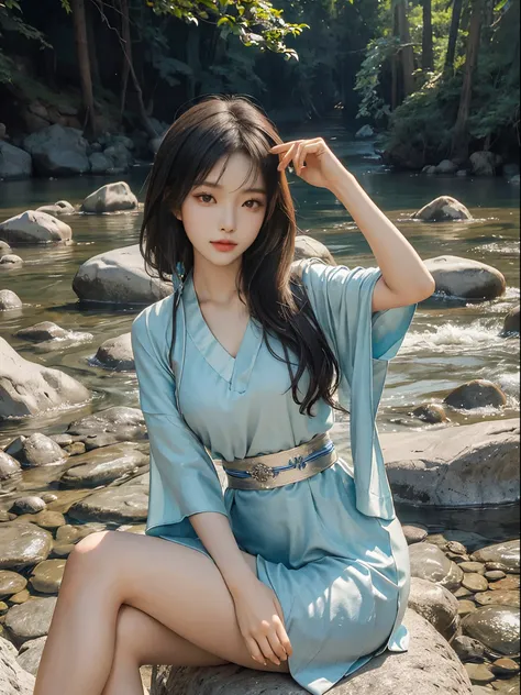 (best quality,ultra-detailed:1.2),riverbank,rocks or temple or bridge,Asian model,beautiful,young,Chinese beauty,loose Hanfu,deep V-neck,seated posture,sitting on a rock,masterpiece,exquisite face,slim figure,long legs