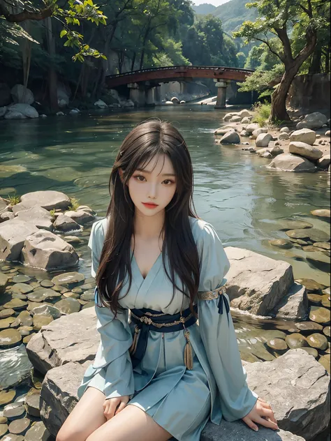 (best quality,ultra-detailed:1.2),riverbank,rocks or temple or bridge,Asian model,beautiful,young,Chinese beauty,loose Hanfu,deep V-neck,seated posture,sitting on a rock,masterpiece,exquisite face,slim figure,long legs