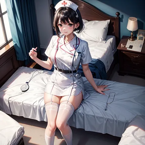 nurse in white long skirt、black hair shorthair、Nurse Cap、white stockings、Slippers、stethoscope、tiny chest、White garter belt、Beautiful fingertips、Patient bed、