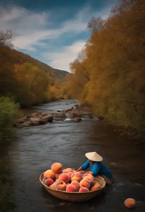 When the grandmother went to the river to wash clothes, A very large peach floated down the river..