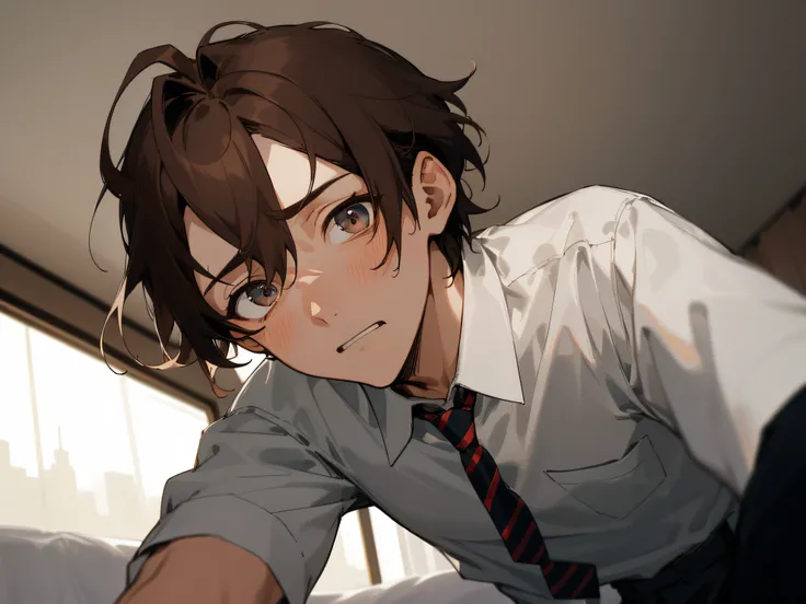 Mans, 26 years old,1 boy、Brown hair、Ties and shirts,eyes are brown、Depression,,From below,Push your audience down,Angle from below,perspiring,Impatient expression,Background Hotel,a bed,up on the face