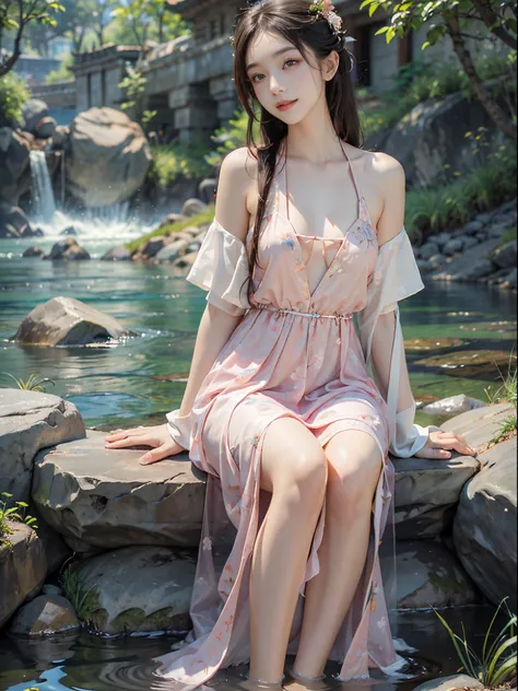 (best quality, masterpiece:1.2), ultra-detailed, (realistic:1.37), beautiful, youthful, glamorous model with (detailed eyes, detailed lips, extremely detailed eyes), wearing a loose Han-style dress with a deep V-neck, sitting on a rock by the river, surrou...