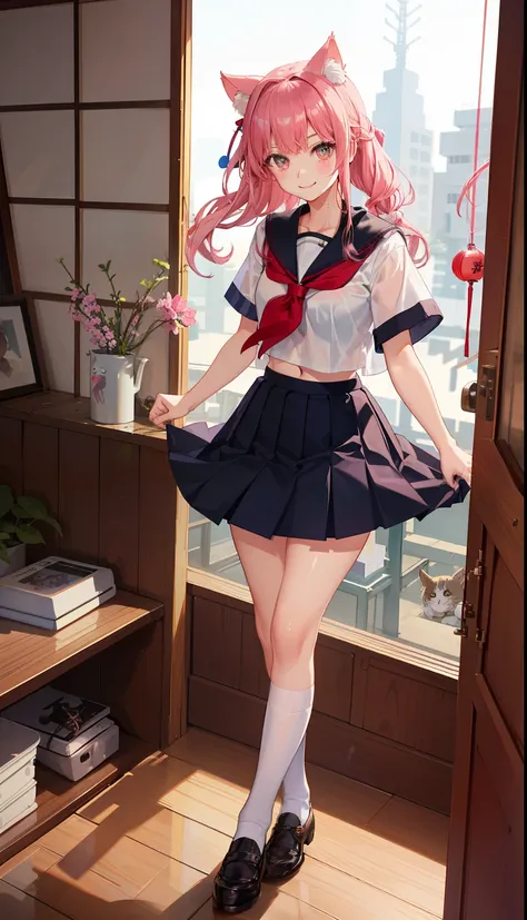 1girl in、A smile、The shirt、skirt by the、Light in the eyes、（small tits）Chilarism、Japan High School Student Uniform、serafuku、summer clothing、Squall Drenched Uniform、Sheer Bra、Cats ears、（Portrait from the knee up）、