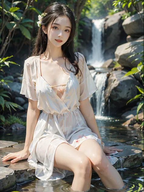 (best quality, masterpiece:1.2), ultra-detailed, (realistic:1.37), beautiful, youthful, glamorous model with (detailed eyes, detailed lips, extremely detailed eyes), wearing a loose Han-style dress with a deep V-neck, sitting on a rock by the river, surrou...